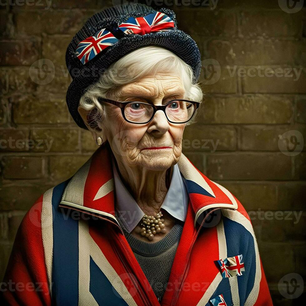 äldre brittiskt kvinna med union domkraft flagga, generativ ai foto
