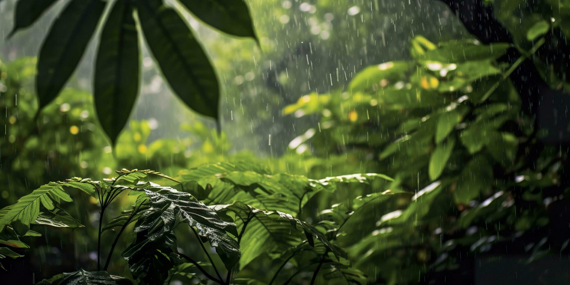 regn falls i en regnskog med de regn droppar. generativ ai foto