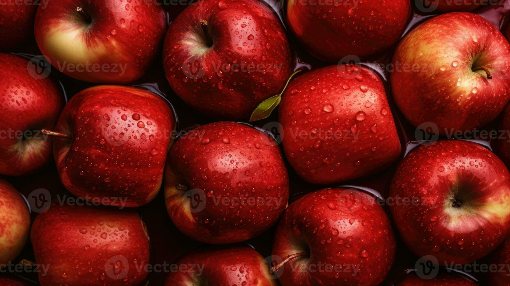 ai generativ makro av färsk röd våt äpplen med vatten droppar. äta en röd äpple dag baner foto