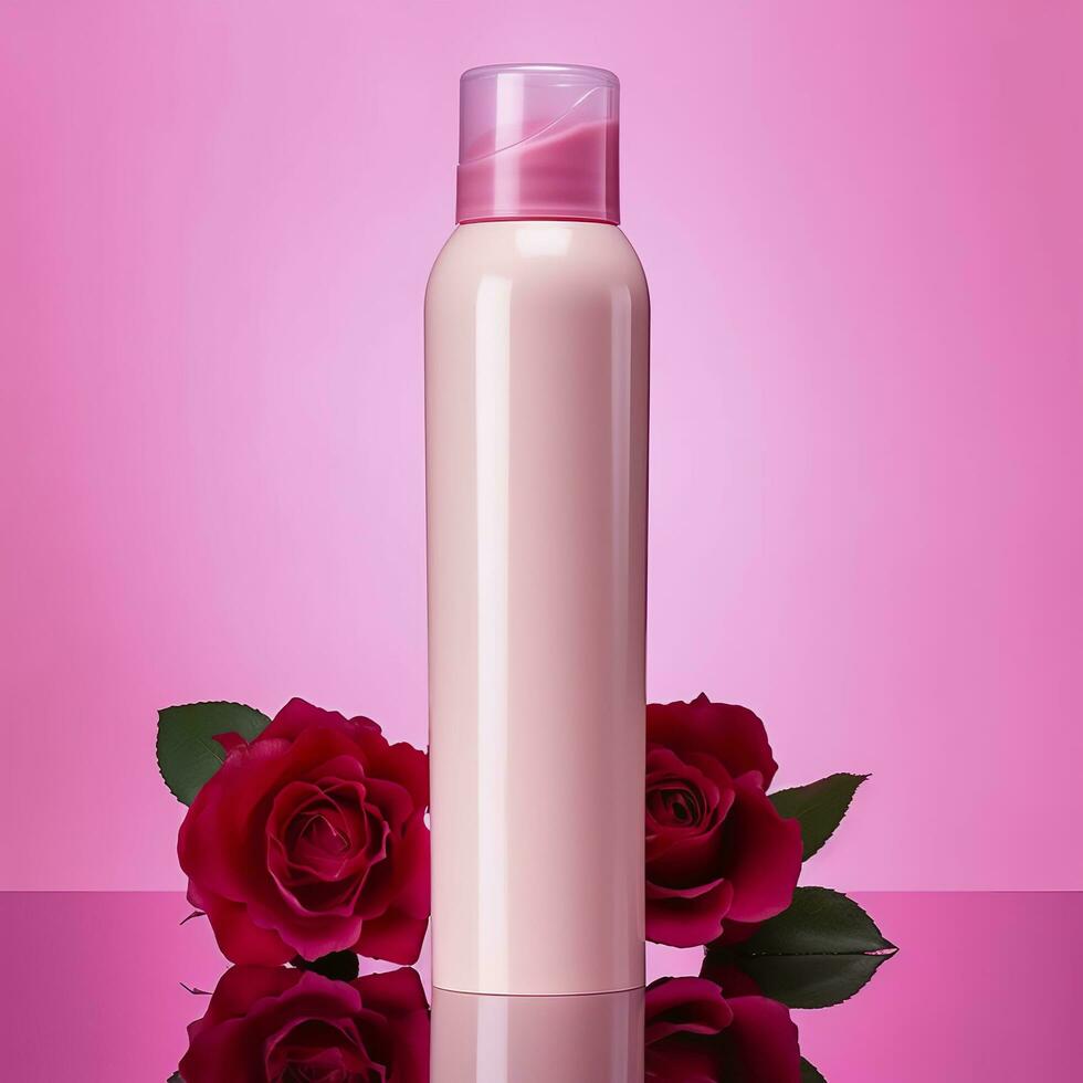 amazon produkt bild kropp tvätta, cylinder flaska fast Färg rosa bakgrund, med rosor, ai generativ foto