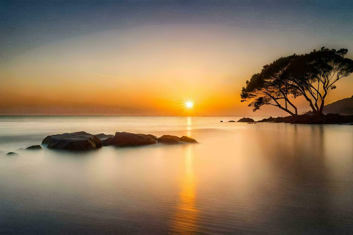 en träd står på de Strand av en strand på solnedgång. ai-genererad foto