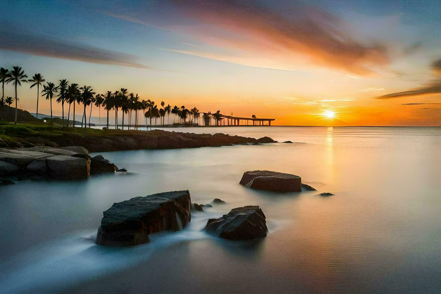 de Sol uppsättningar över de hav och rocks. ai-genererad foto