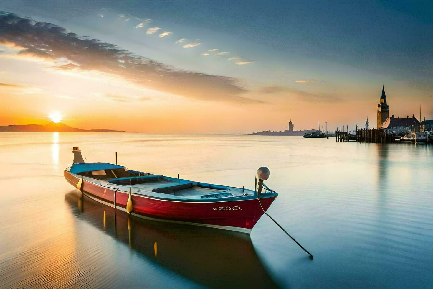 en båt sitter i de vatten på solnedgång. ai-genererad foto