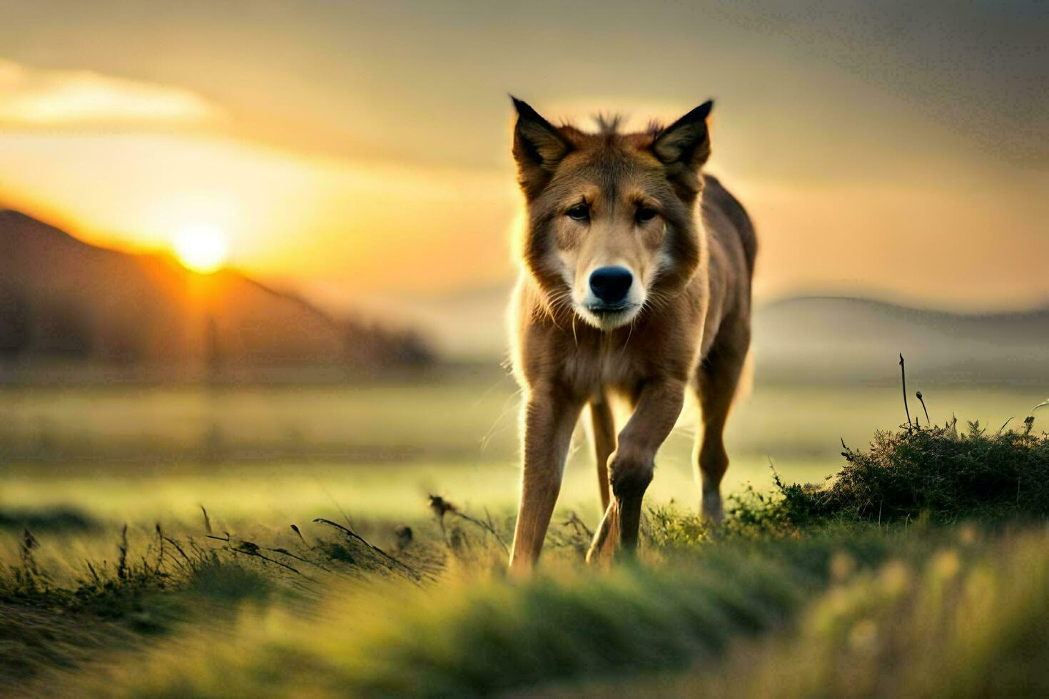 en Varg är gående i de gräs på solnedgång. ai-genererad foto