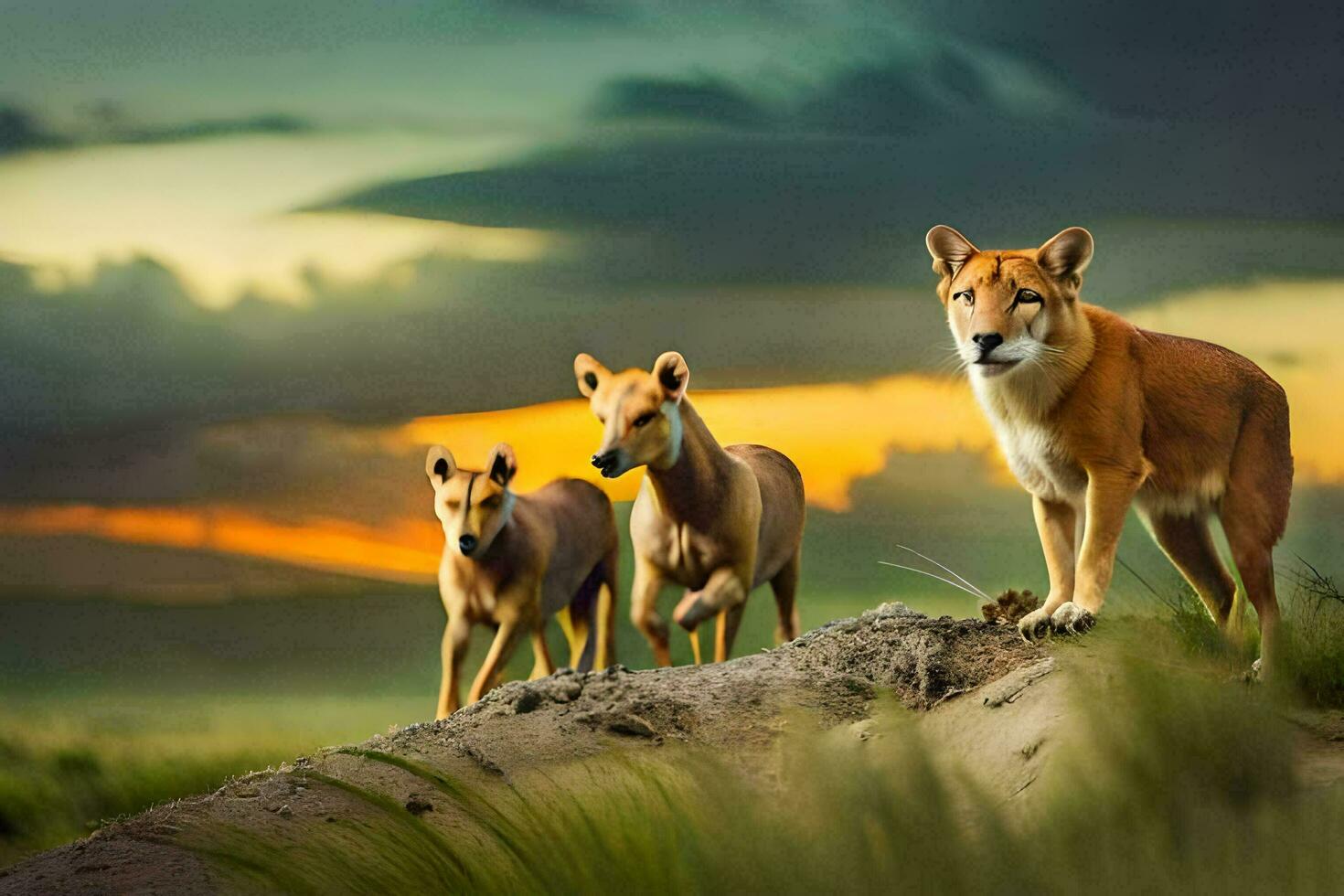 tre dingo hundar stående på en kulle i främre av en solnedgång. ai-genererad foto