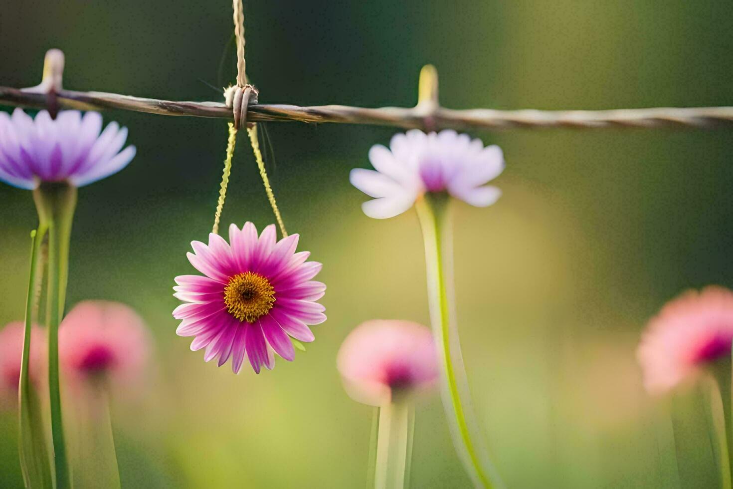 rosa blommor hängande från en tråd staket. ai-genererad foto