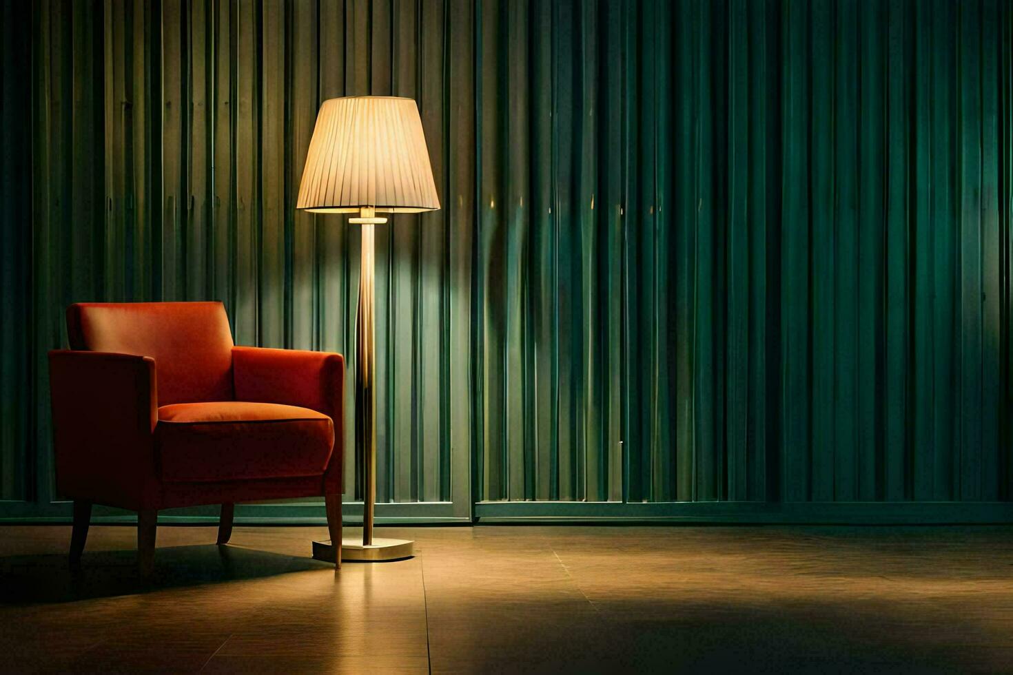 en röd stol och lampa i en mörk rum. ai-genererad foto