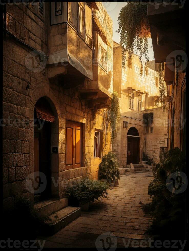ett tömma gränd i de gammal stad av jerusalem generativ ai foto