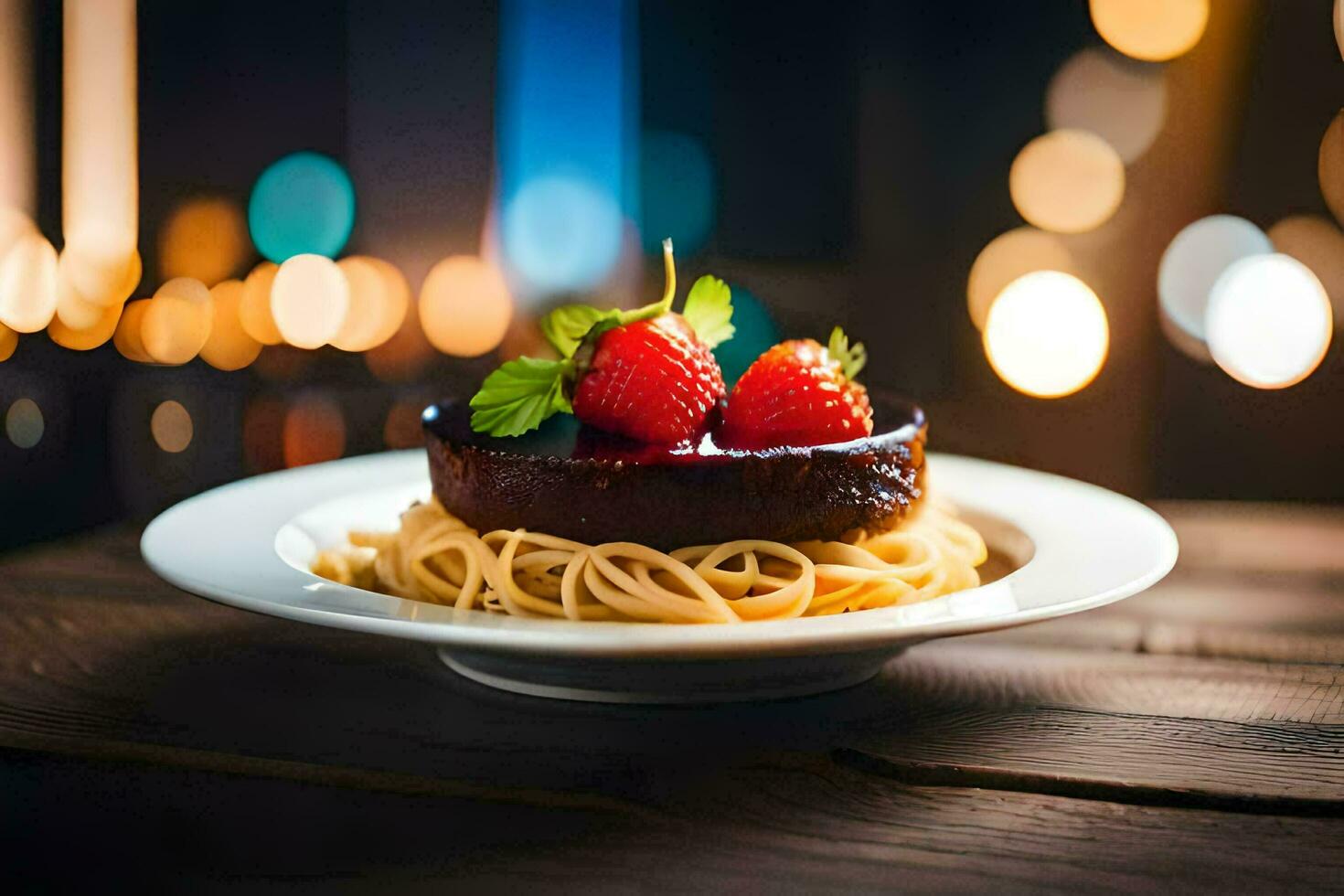 en tallrik av pasta med jordgubbar och en choklad kaka. ai-genererad foto