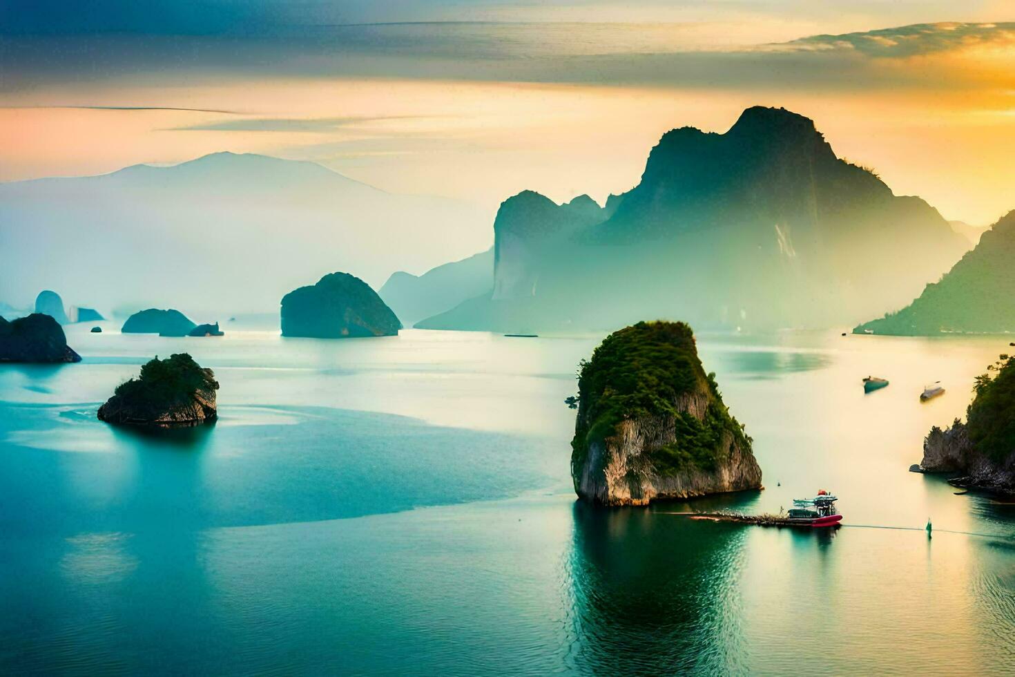 de soluppgång över halong bukt, vietnam. ai-genererad foto