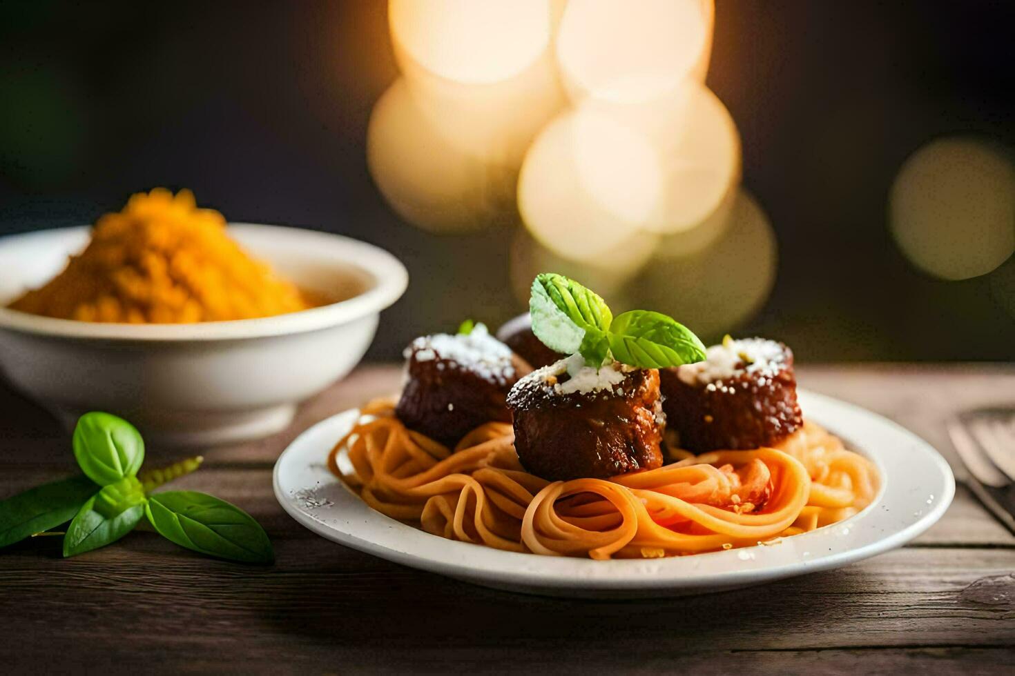 spaghetti med köttbullar och tomat sås på en tallrik. ai-genererad foto