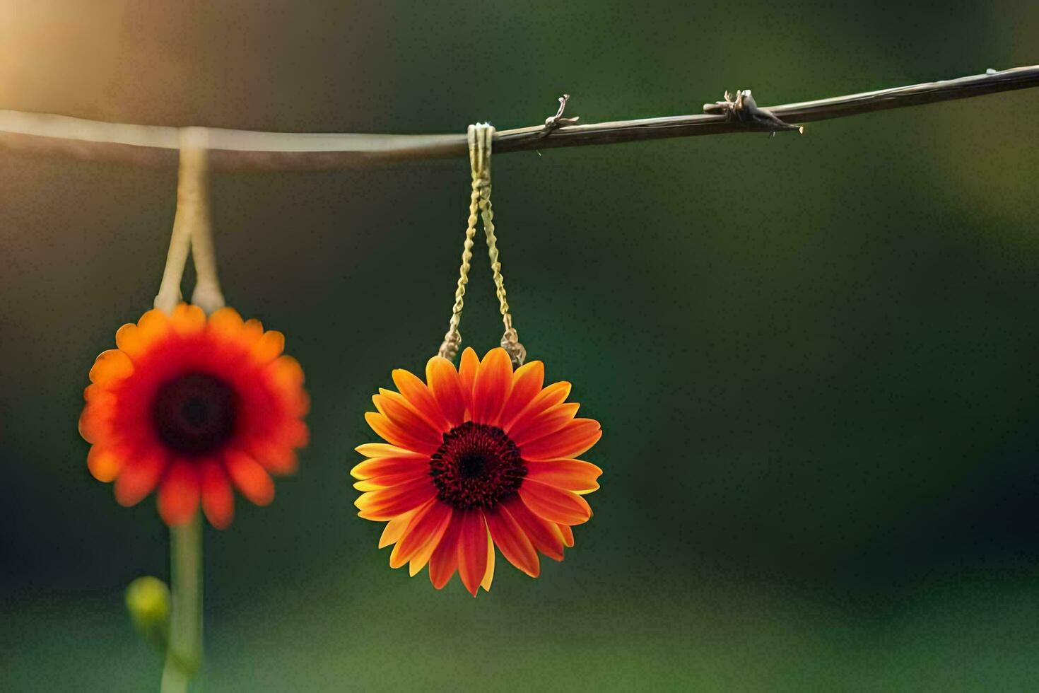 två orange blommor hängande från en gren. ai-genererad foto