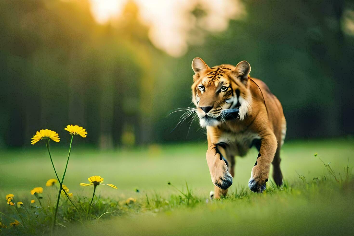 en tiger gående genom en fält med gul blommor. ai-genererad foto