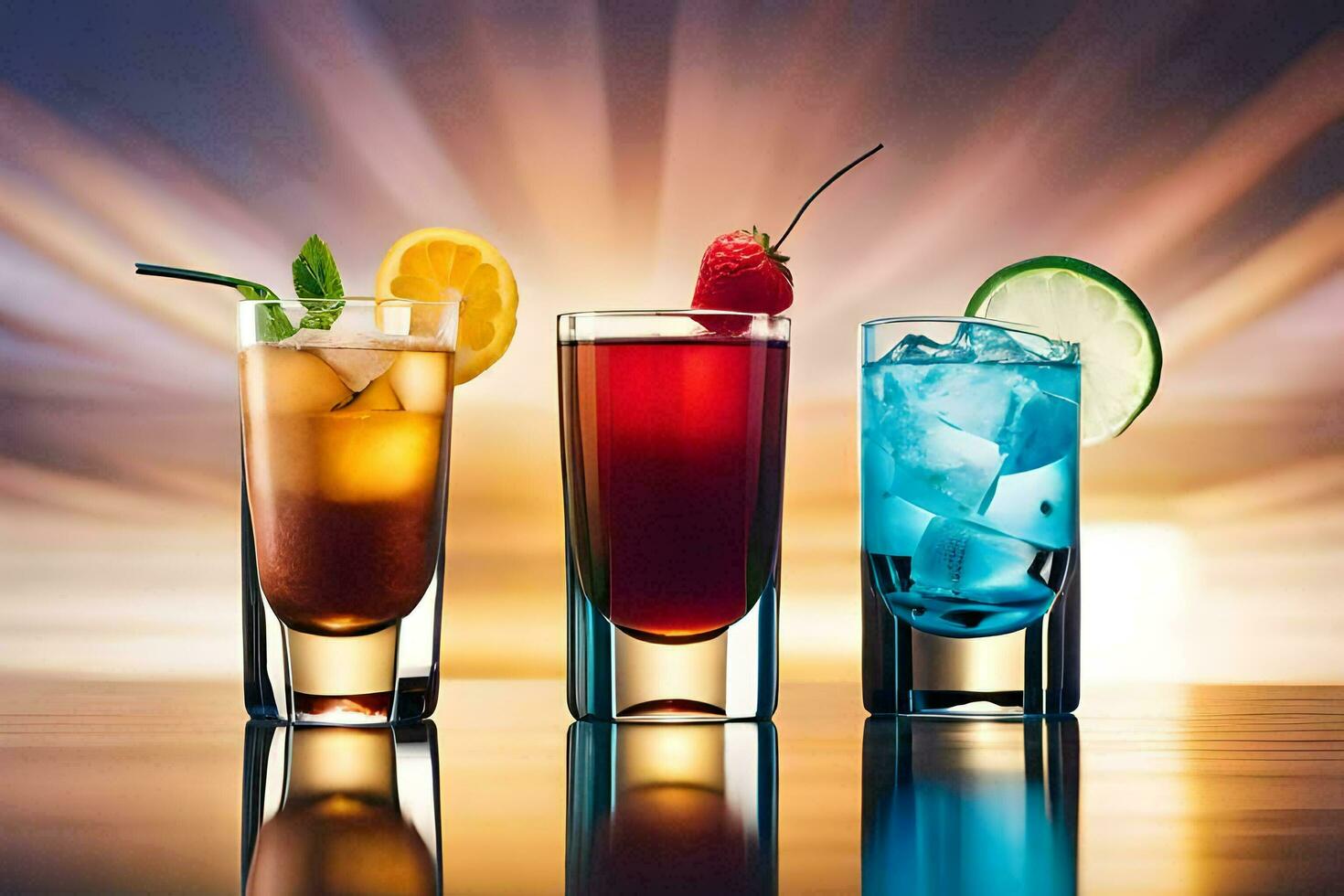 tre annorlunda typer av alkoholhaltig drycker i glasögon. ai-genererad foto