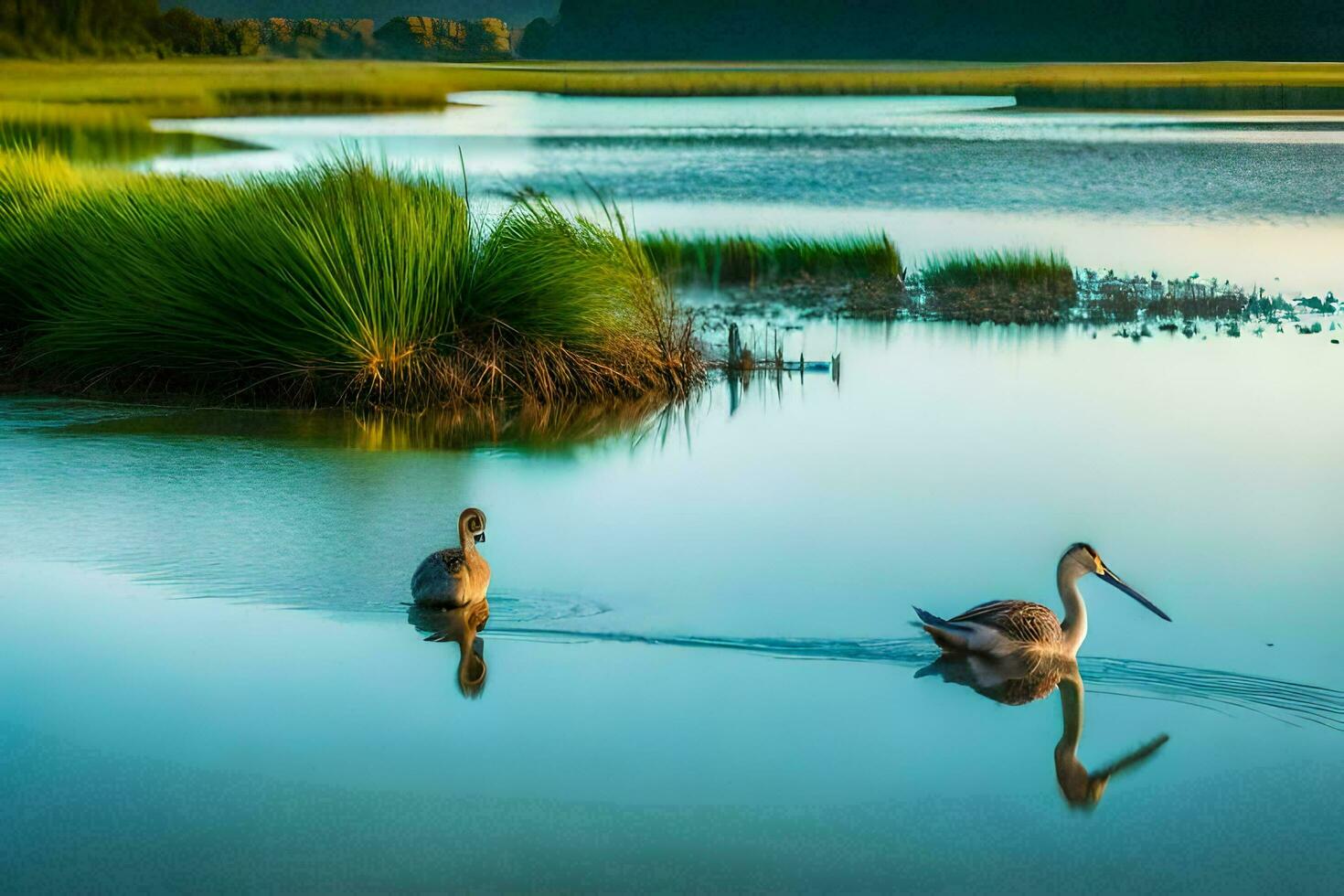 två fåglar är gående i de vatten nära gräs. ai-genererad foto