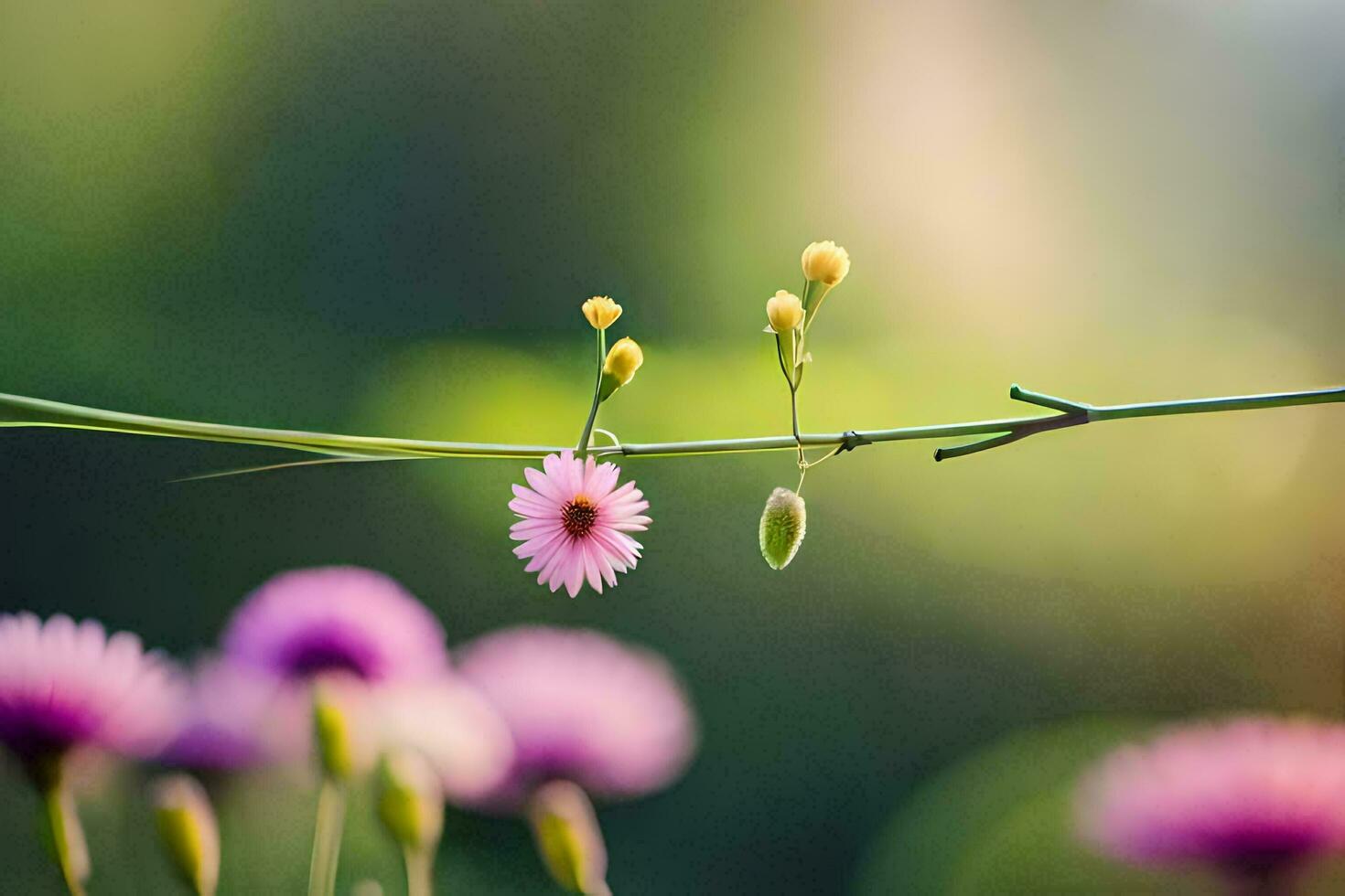 en blomma är växande på en gren i de Sol. ai-genererad foto