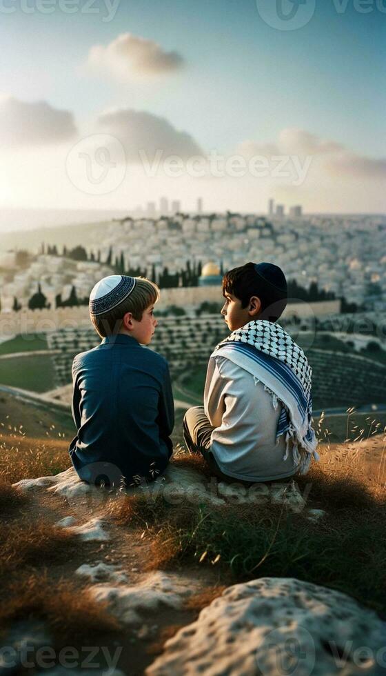 symbol av fred jewish och palestinsk vänner i jerusalem. generativ ai foto