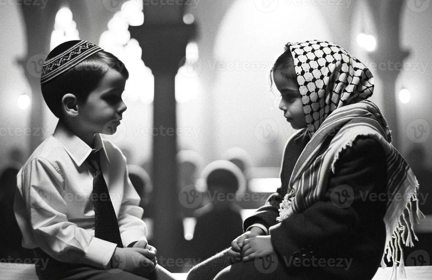 titel jewish och palestinsk barn symboler av vänskap, fred, och försoning. generativ ai. foto