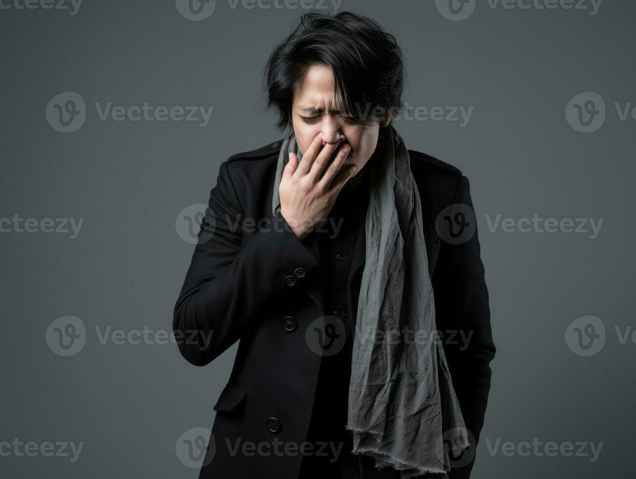 asiatisk man är visad lidande från kall med rinnande näsa på grå bakgrund ai generativ foto