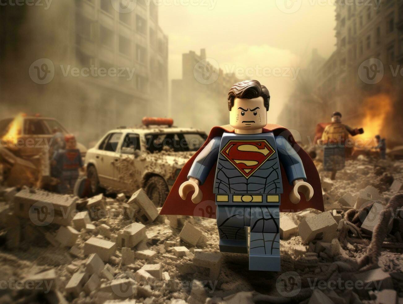 LEGO hjältar teaming upp till spara de värld ai generativ foto