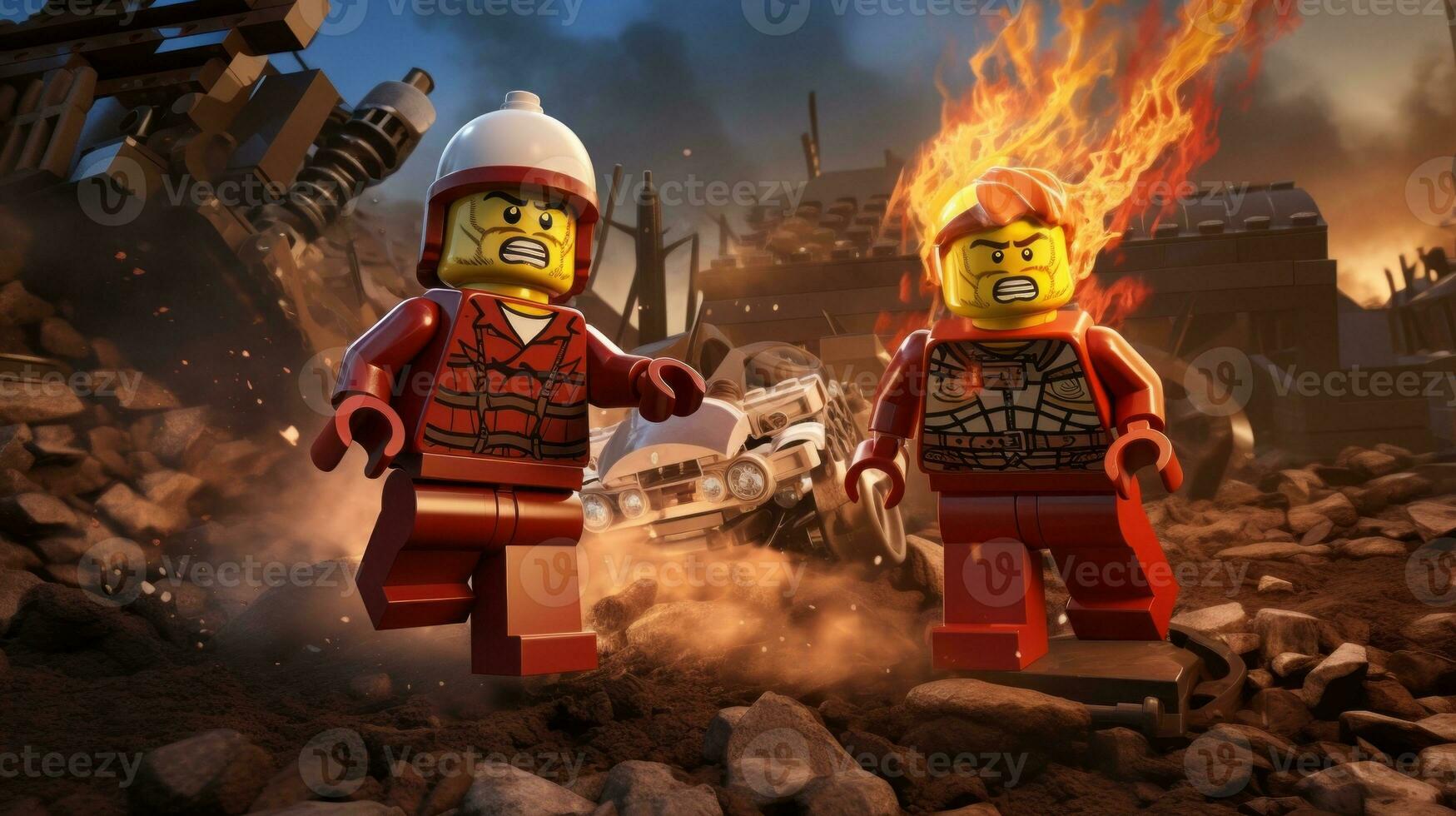 LEGO hjältar teaming upp till spara de värld ai generativ foto