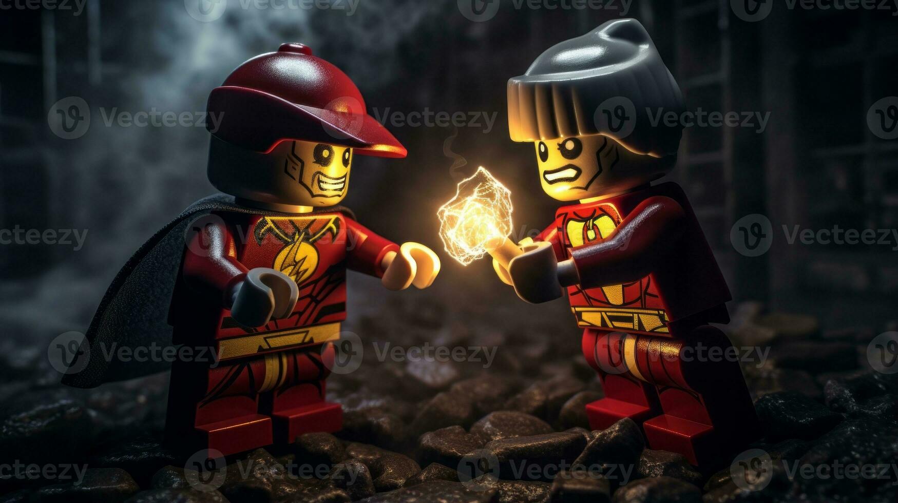 LEGO hjältar teaming upp till spara de värld ai generativ foto