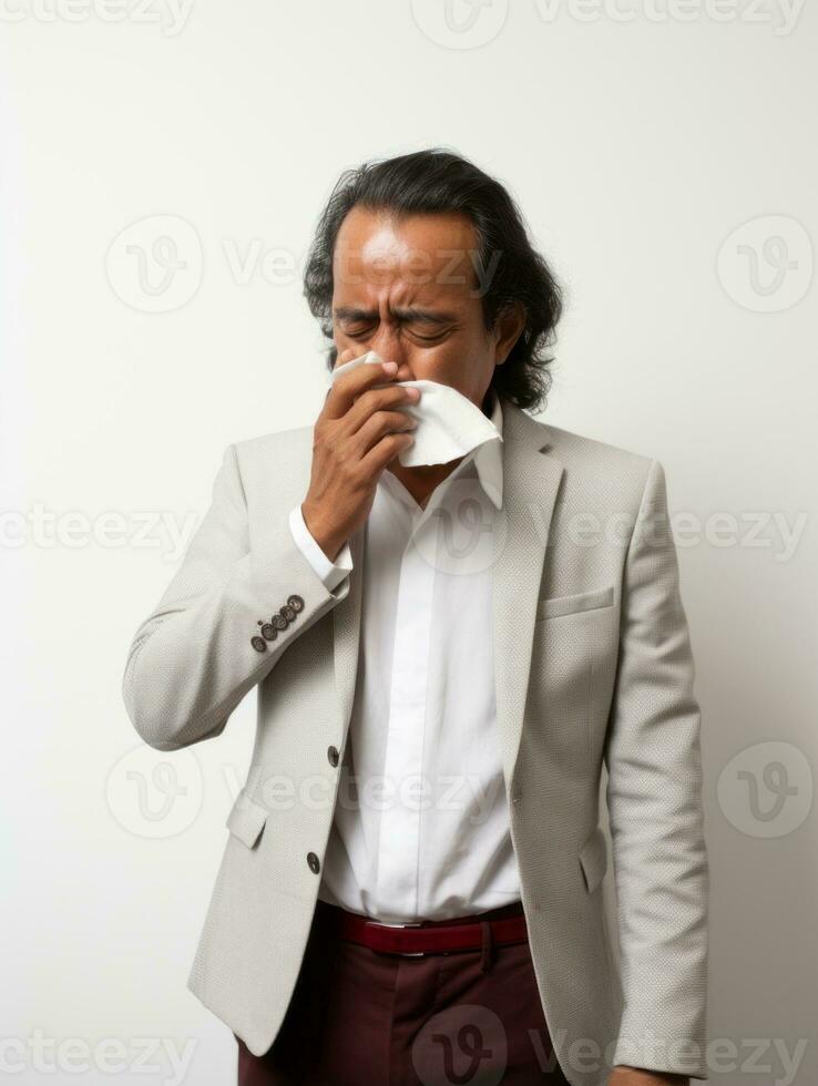 mexikansk man är visad lidande från kall med rinnande näsa på grå bakgrund ai generativ foto