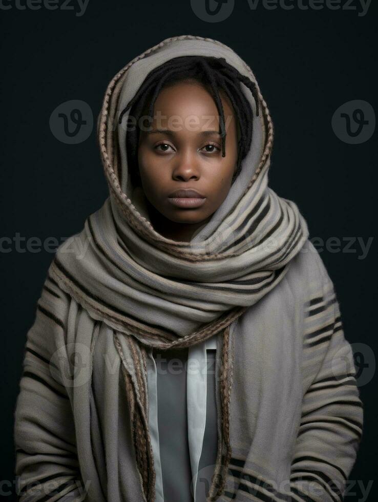 afrikansk kvinna är visad lidande från kall med rinnande näsa på grå bakgrund ai generativ foto