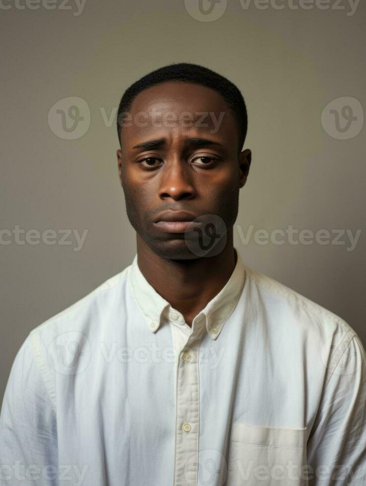 afrikansk man är ledsen på en minimalistisk neutral bakgrund ai generativ foto