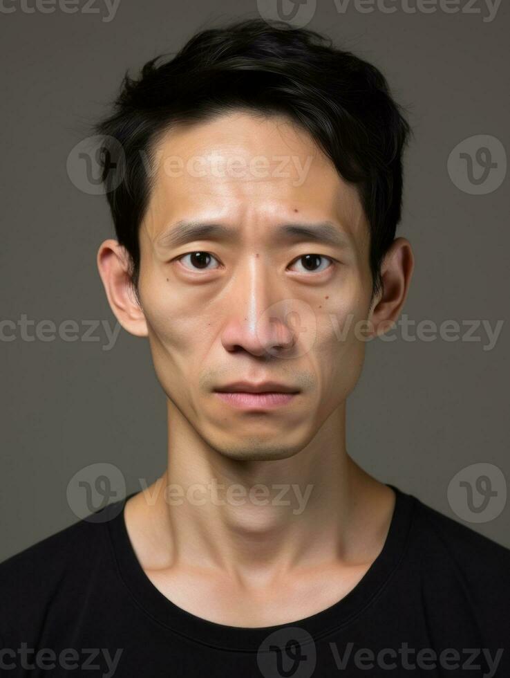 asiatisk man är ledsen på en minimalistisk neutral bakgrund ai generativ foto