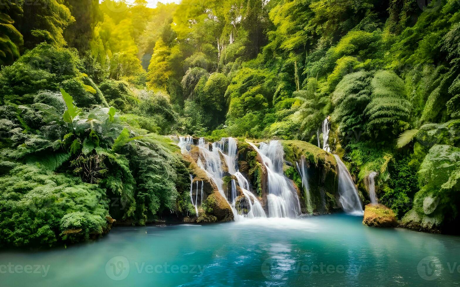 cascading vattenfall symfoni, en fängslande snapshot av naturens majestätisk kraft mitt i frodig, grönskande baldakiner. ai genererad foto