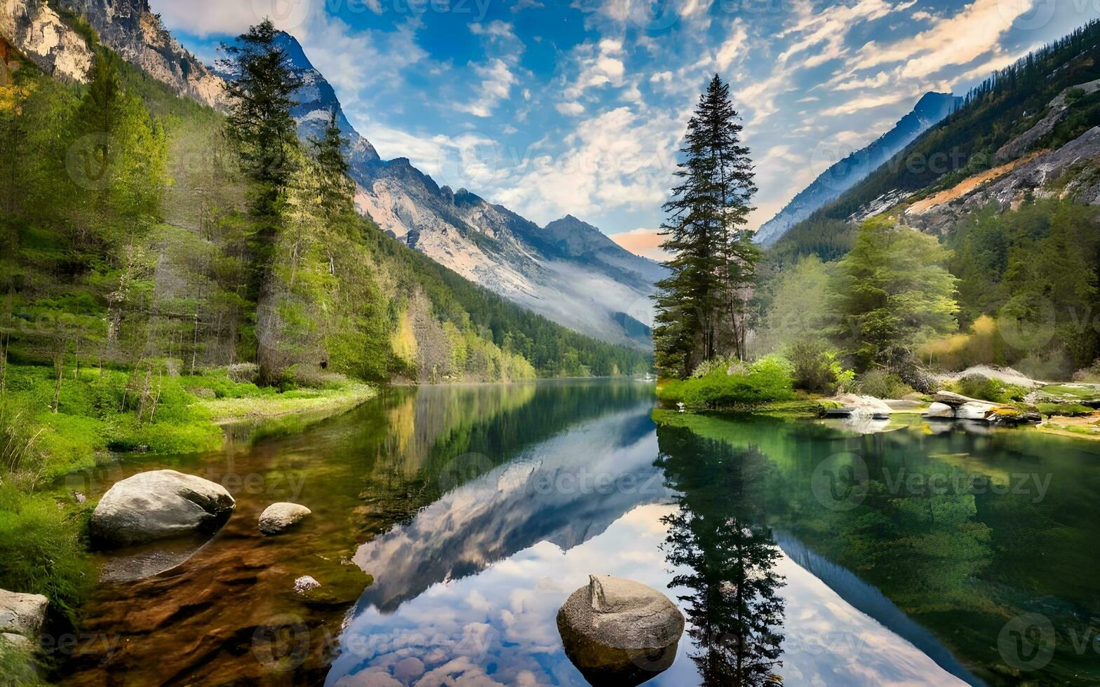 lugn avtäckt, en lugn flod slingrande genom de hjärta av de förtjusande skog. ai genererad foto