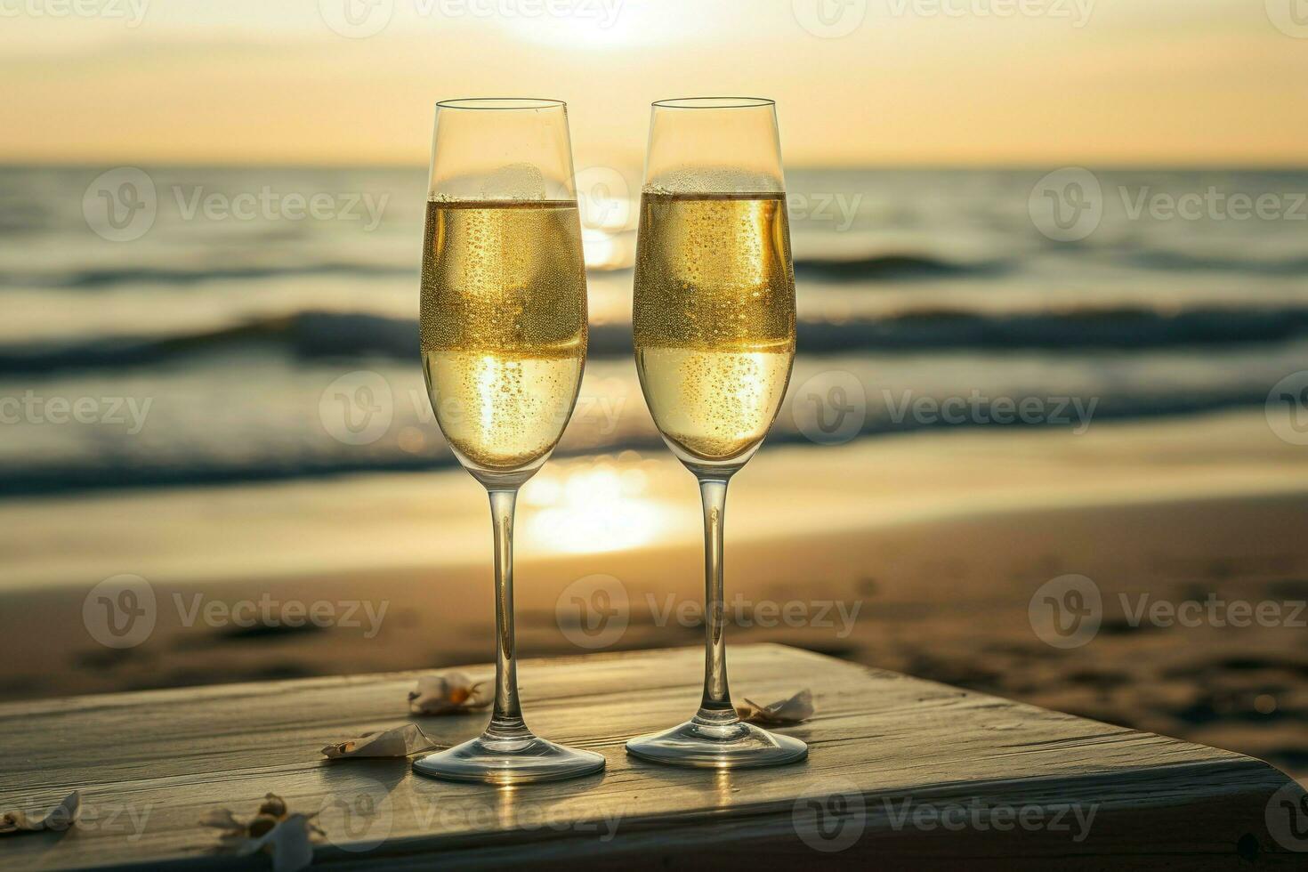 lyxig champagne glasögon strand. generera ai foto