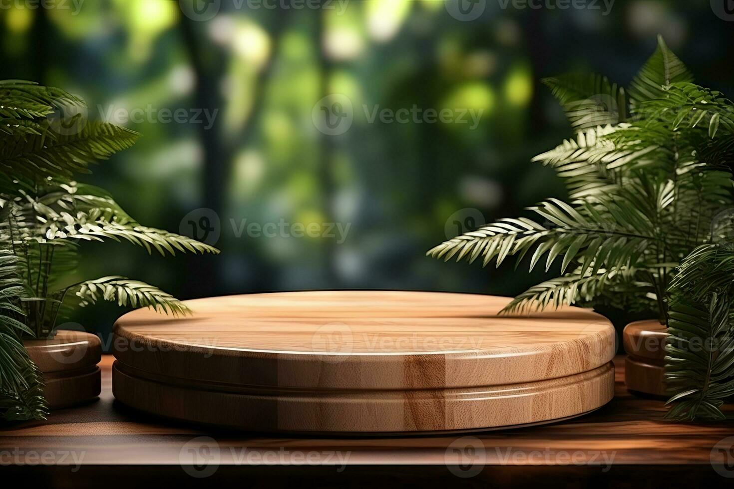 Produkter visa podium med natur löv bakgrund. generativ ai foto