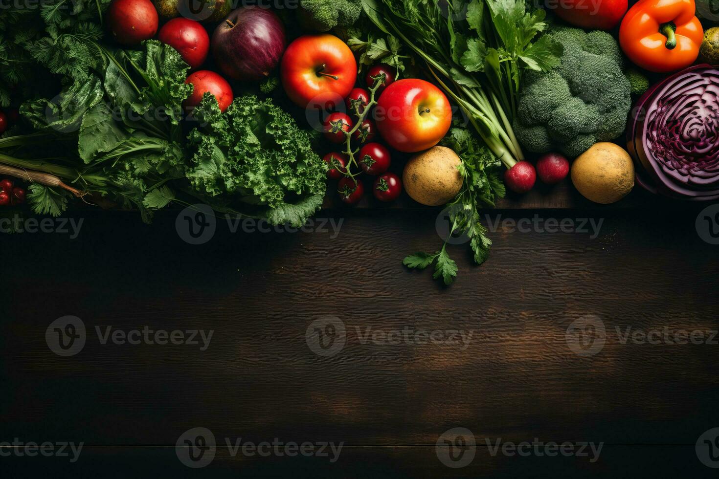 kryddor, grönsaker, frukt och livsmedel på mörk bakgrund. se från ovan. generativ ai foto