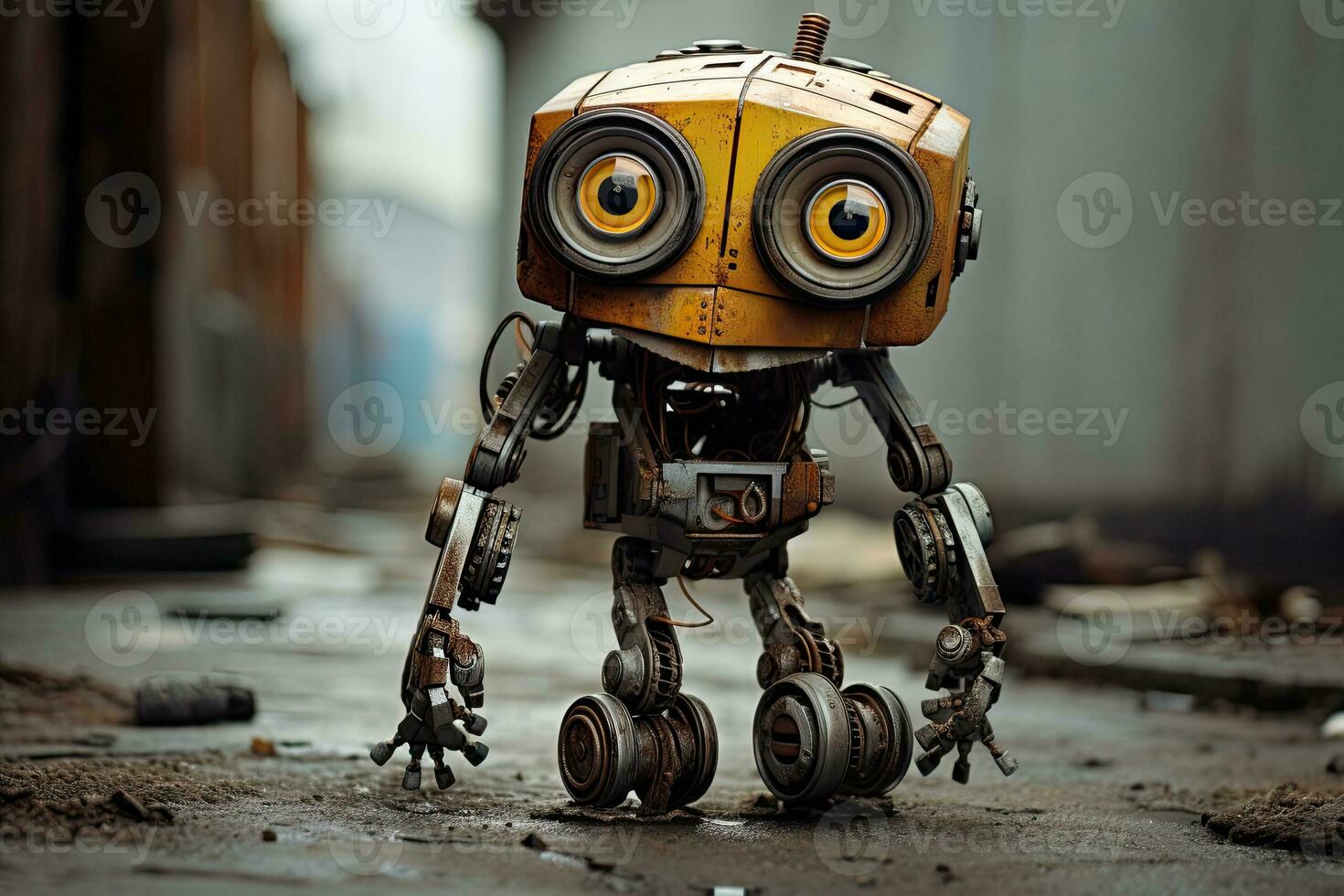 robot med stor ögon i de gata av stad. generativ ai foto