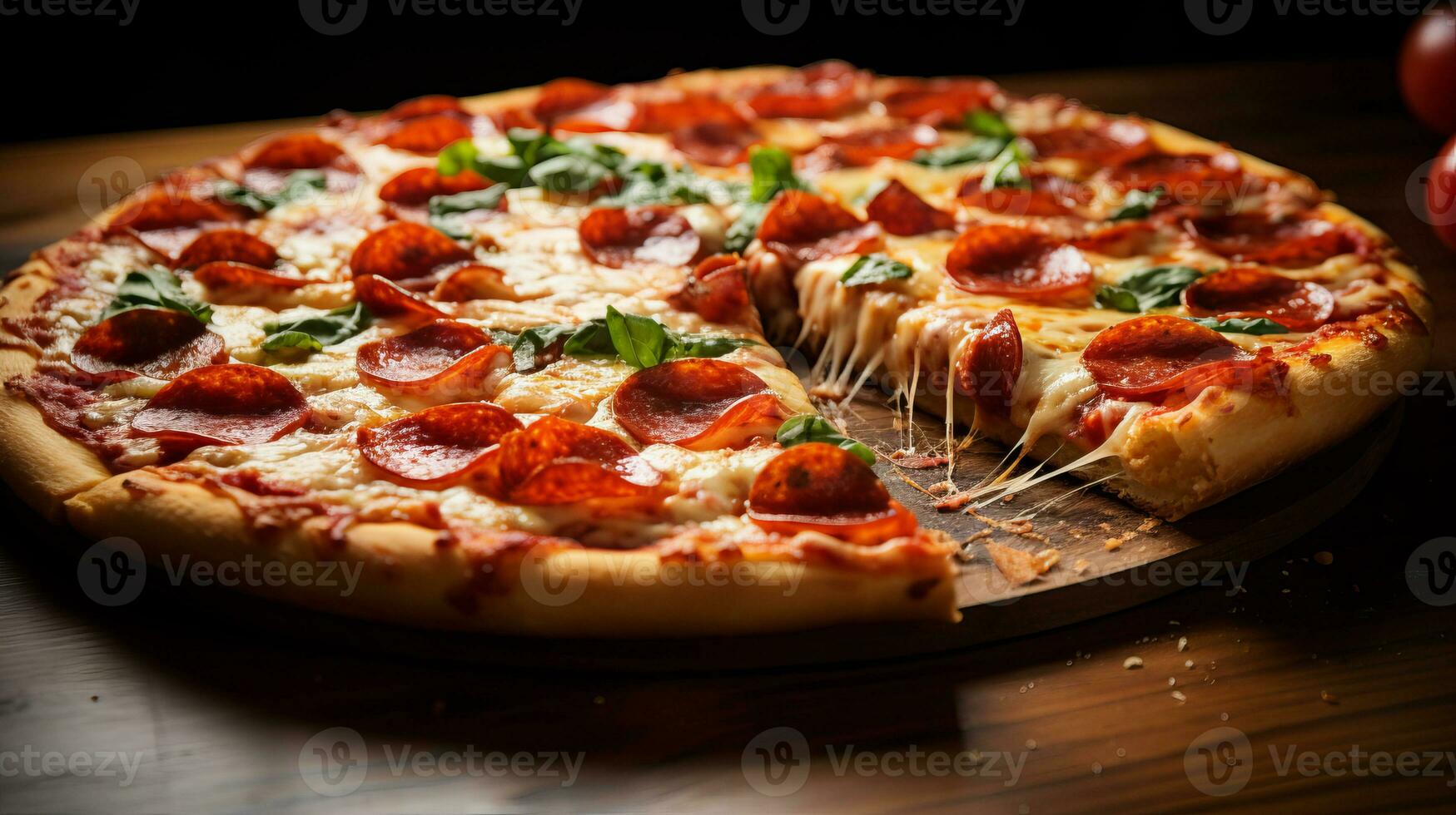 utsökt pizza med massor av ost och mycket aptitlig. generativ ai foto