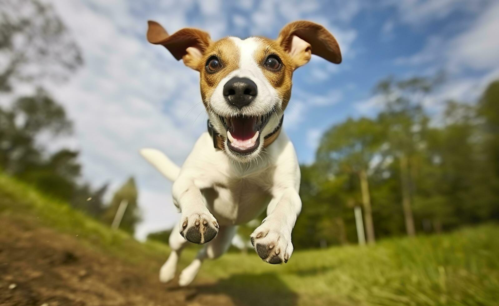 domkraft russel präst hund springa mot de kamera låg vinkel hög hastighet skott. ai genererad foto