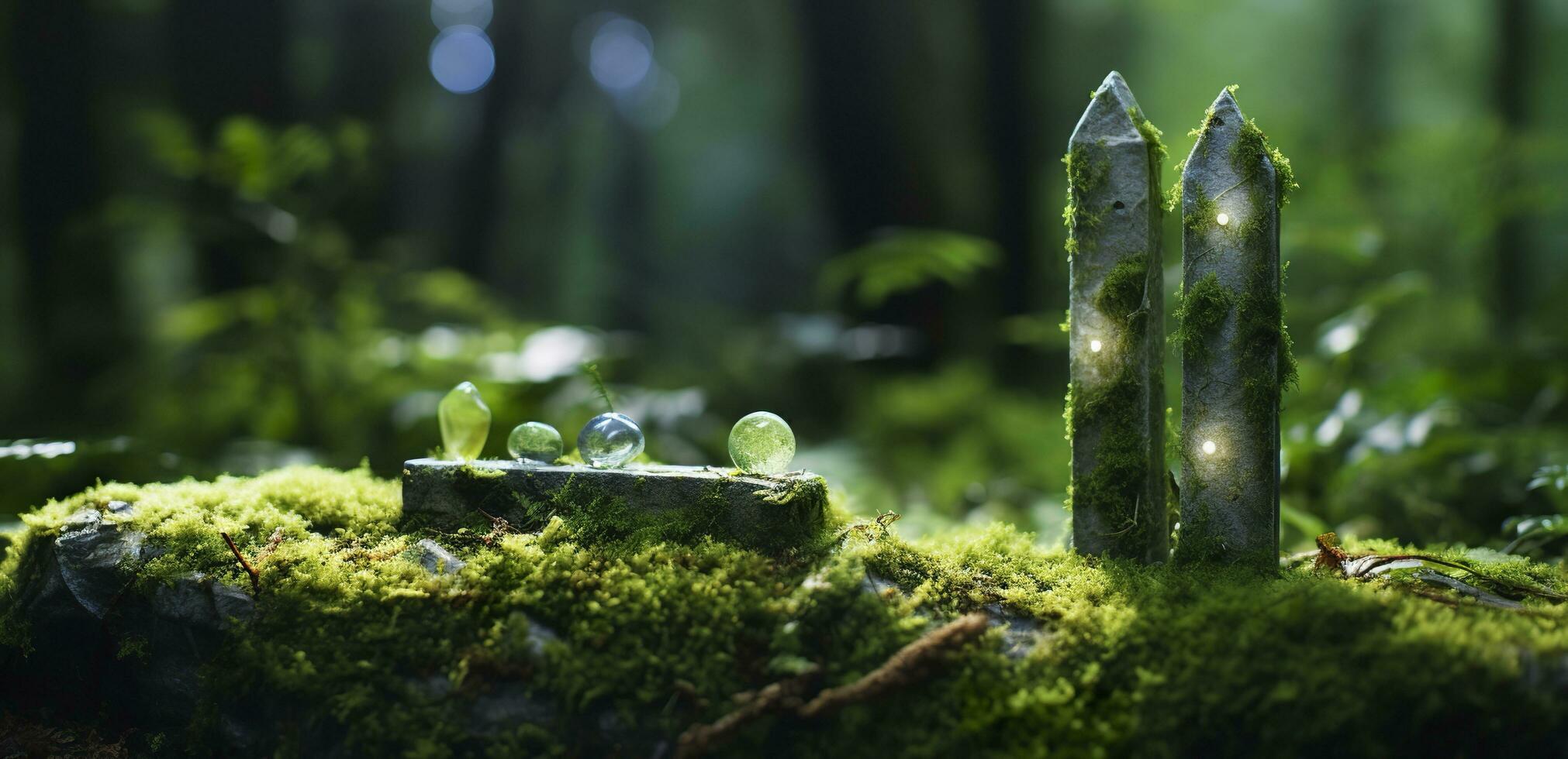 kristaller med måne faser bild av mossa i en mystisk skog, naturlig bakgrund. generativ ai foto