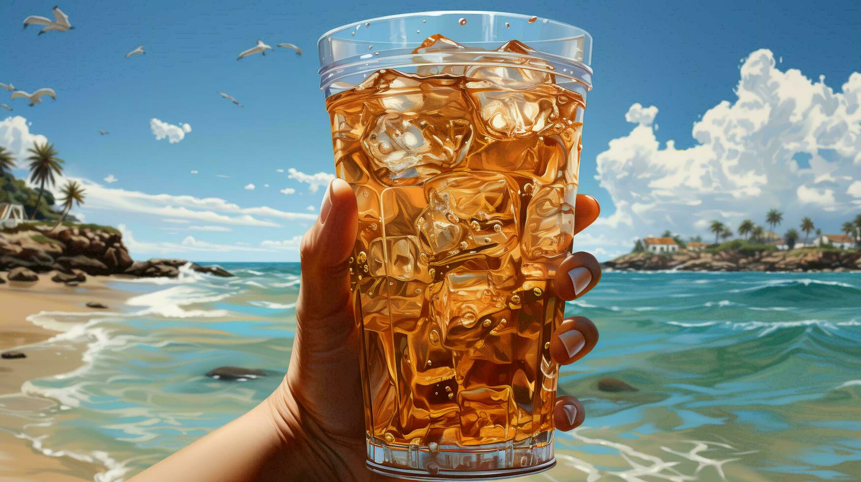ai-genererad kall utsökt uppfriskande dryck i en glas med en sugrör cocktail på de havsstrand på de strand på en tillflykt på semester i en tropisk Land foto