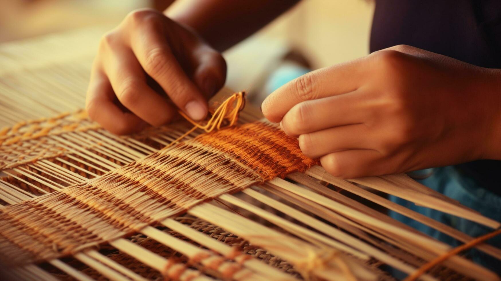 äldre människors händer vävning vit silke trasa på de arv hantverk loom.ai generativ. foto