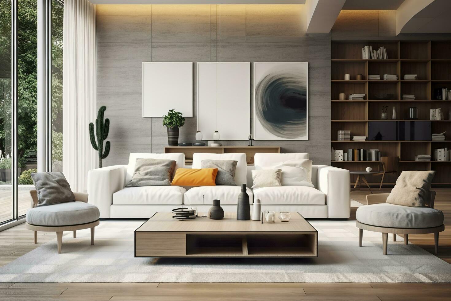 modern levande rum med soffa och möbel. ai genererad foto