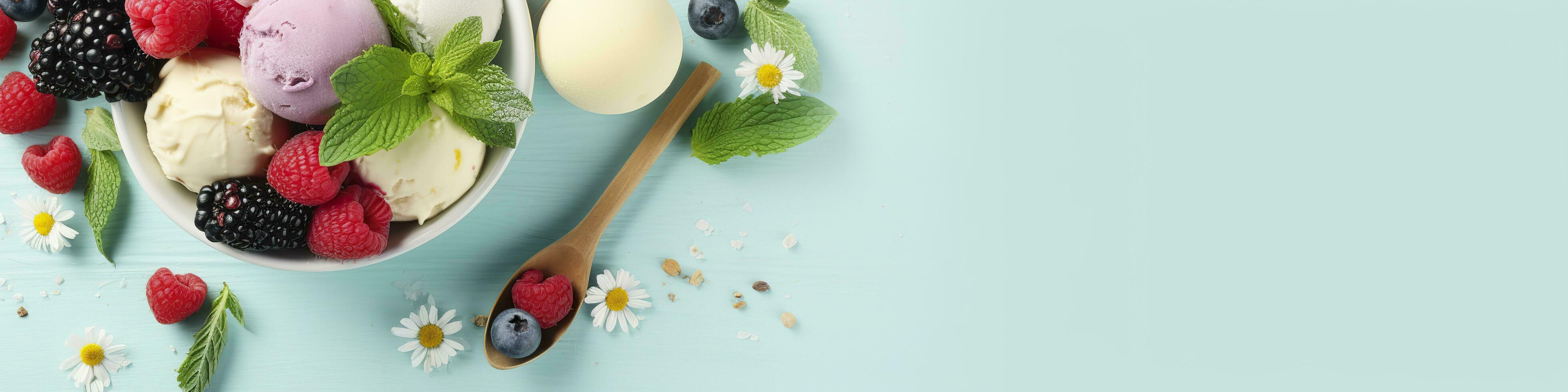 skopor av vanilj, mynta löv i en glas skål, strössel, bär, och blommor. generativ ai foto