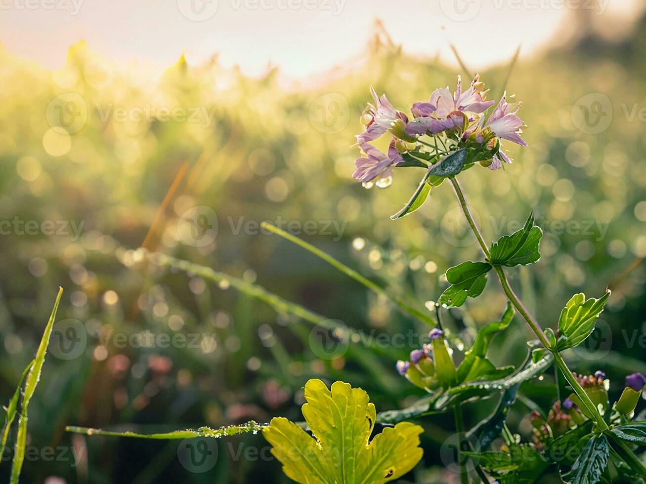 ai genererad äng blommor och grön löv på dagg i Sol stiga i naturlig miljö foto