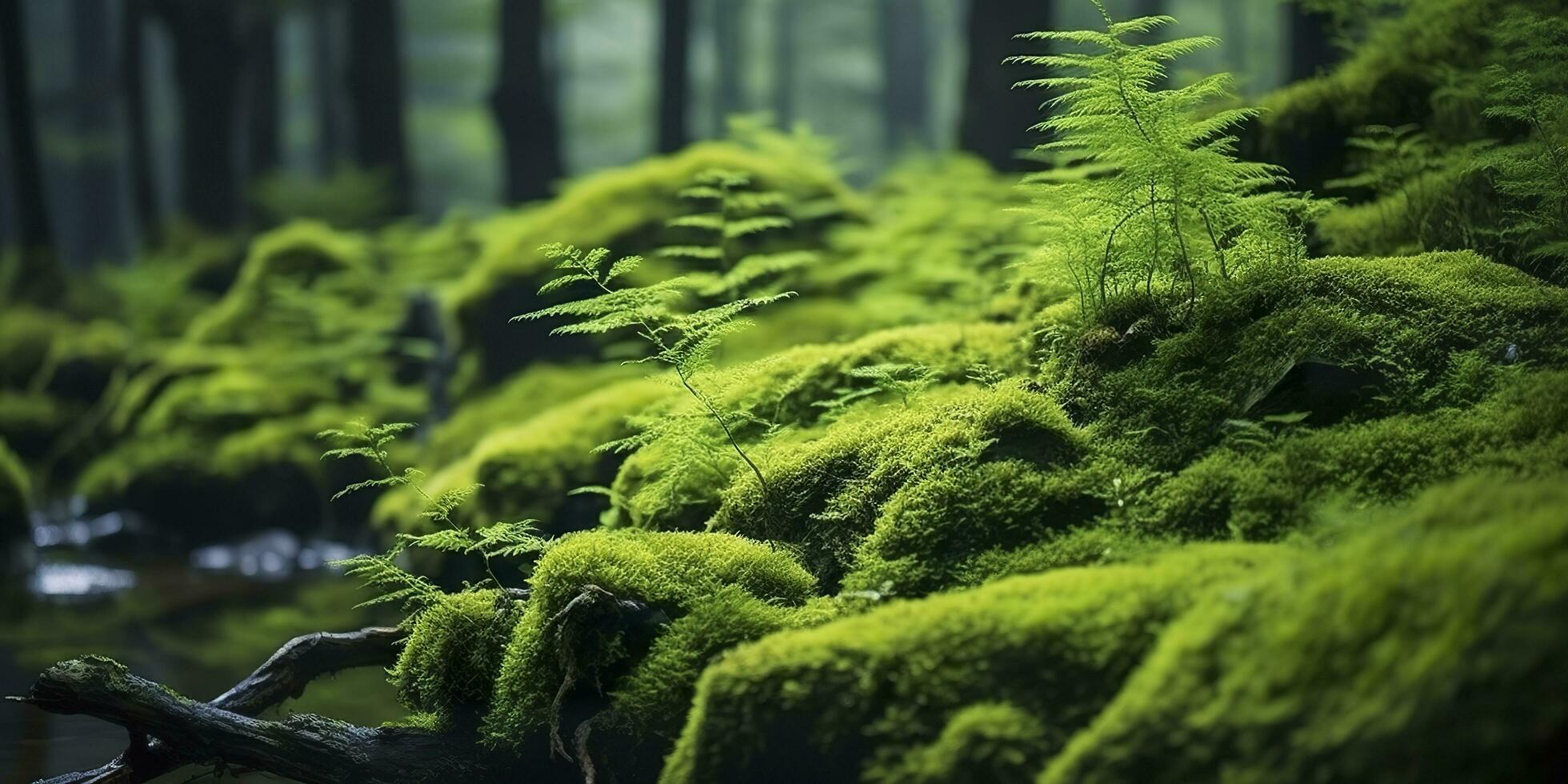 grön mossa närbild, med en bakgrund av skog. skog i de nationell parkera. ai genererad foto