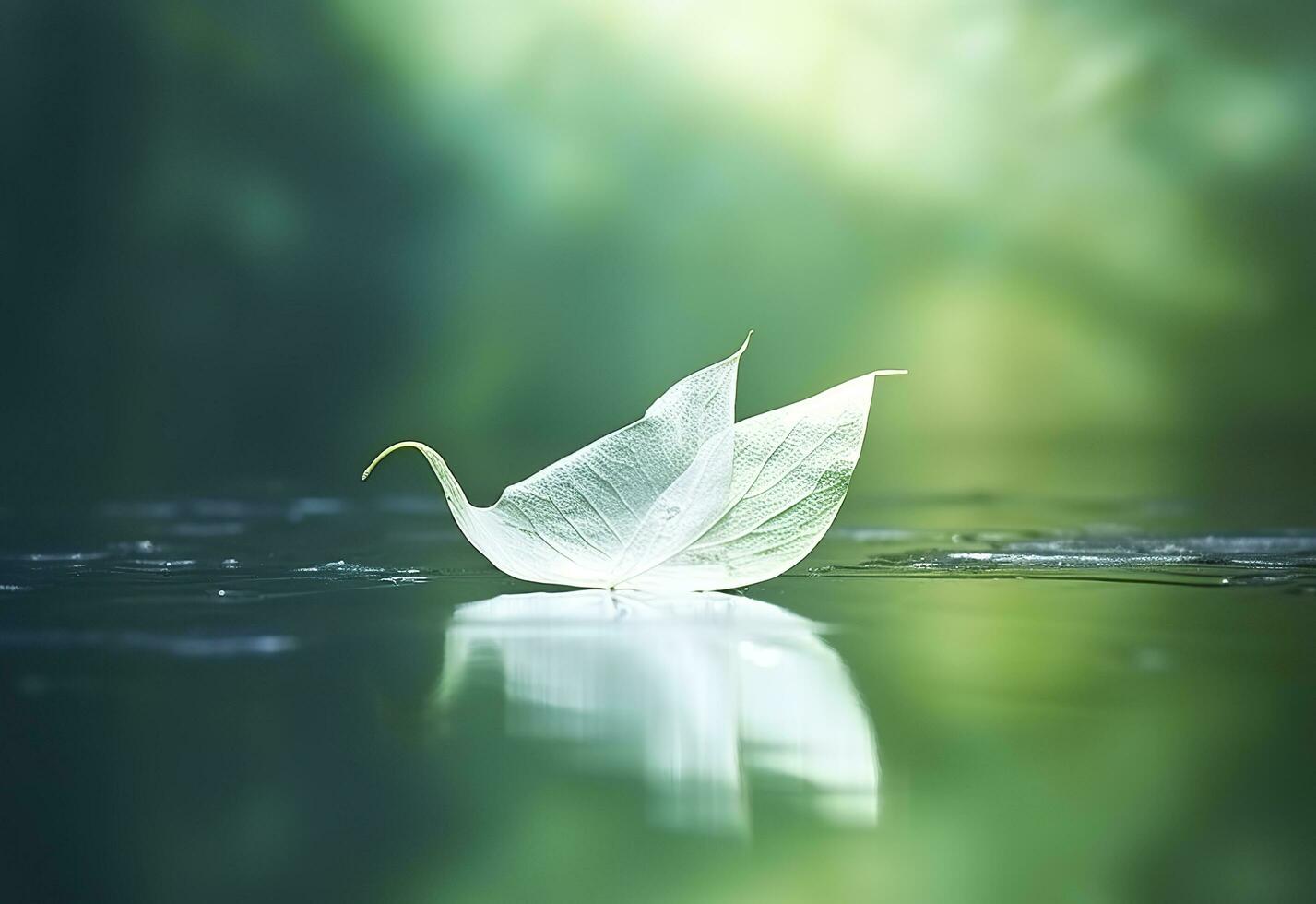 vit transparent blad på spegel yta med reflexion på grön bakgrund makro. generativ ai foto