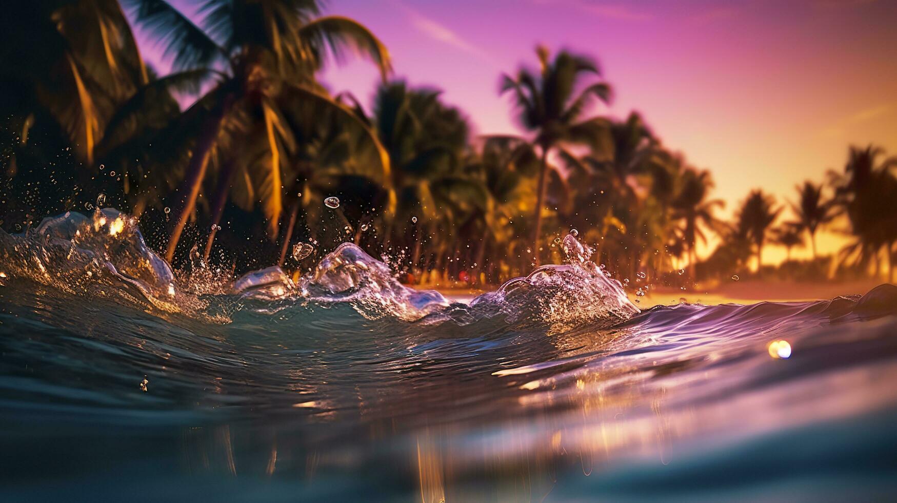 strand med vågor och kokos träd på solnedgång. generativ ai foto
