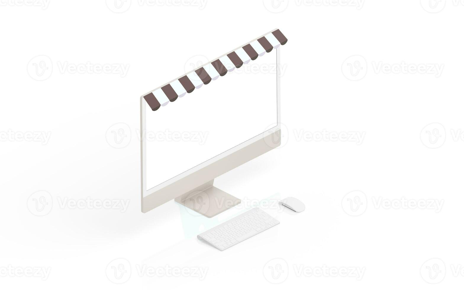 dator visa med affär markis på topp begrepp. uppkopplad Lagra presentation attrapp med isolerat skärm och bakgrund foto