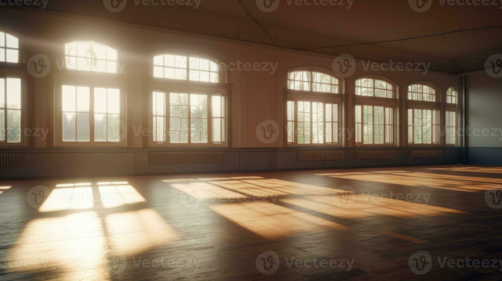 tömma klassisk dansa hall med spegel, solljus från fönster. balett klass ai generativ foto