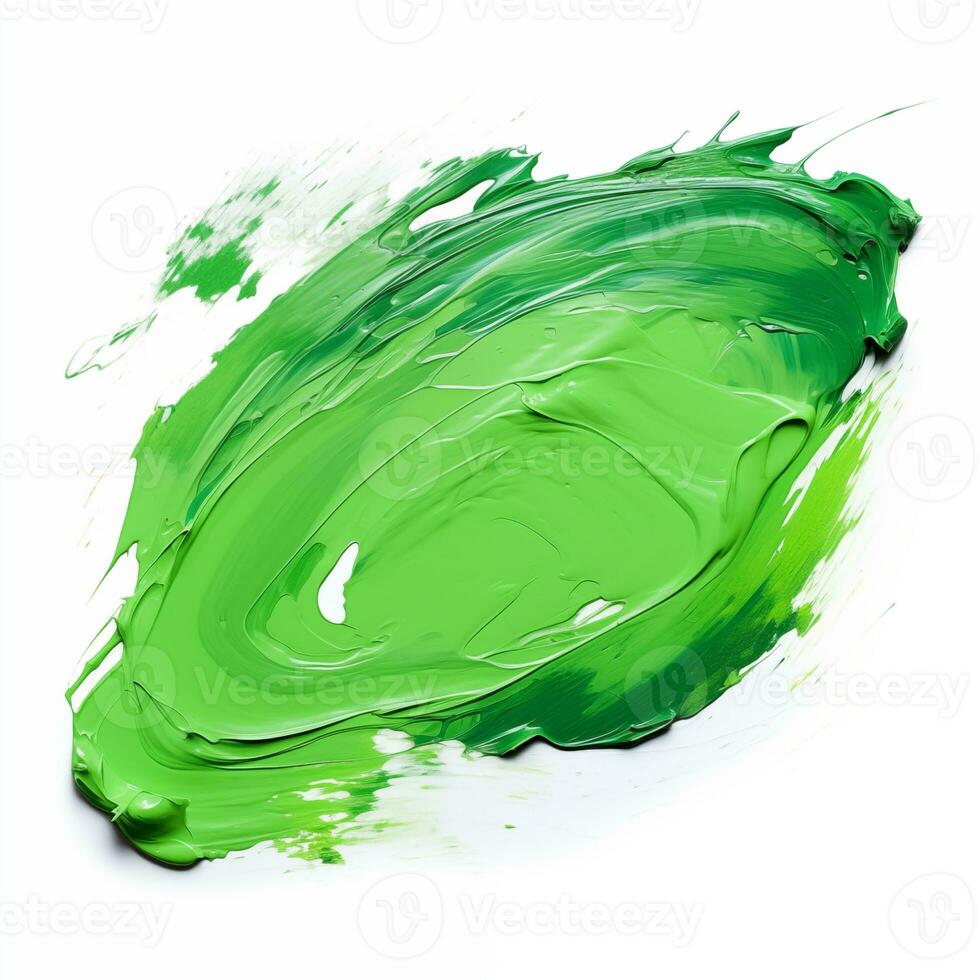 en smeta av grön akryl måla. en borsta stroke av måla på en vit bakgrund. ai generativ foto